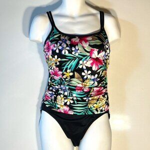 Miraclesuit SZ14 Black Tropical Floral Tummy Control Swimsuit Beach Cruise resor